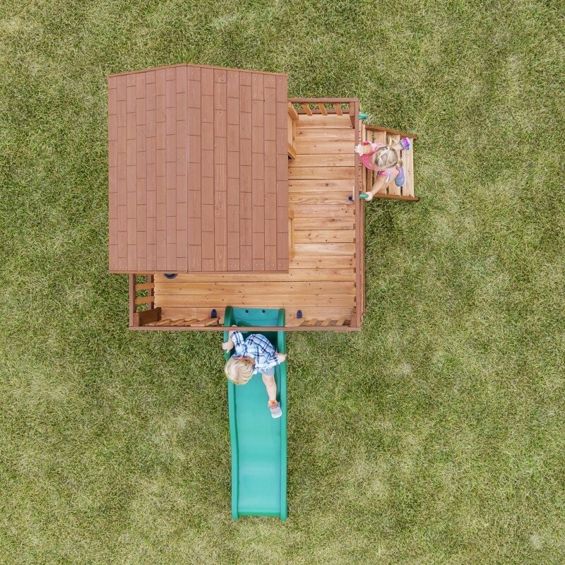 BACKYARD DISCOVERY Medinė žaidimų aikštelė Echo Heights čiuožykla namelis virtuvėlė 7