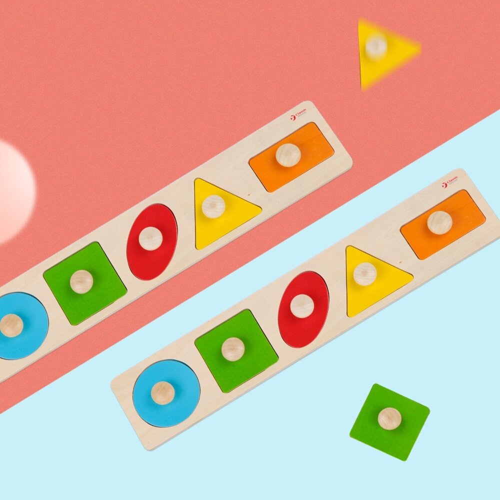 CLASSIC WORLD Medinė geometrinė MONTESSORI dėlionė – formų rūšiuoklė, spalvų pažinimas, 6 el. 1