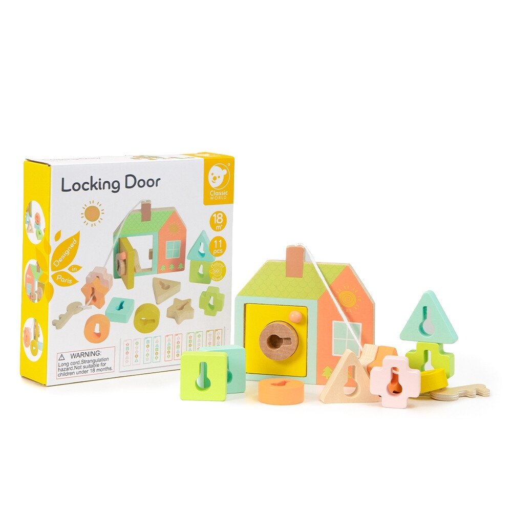 CLASSIC WORLD Medinė pervėrimo dėlionė – suveriami kaladėliai, raktai ir durys MONTESSORI 11 el. 13