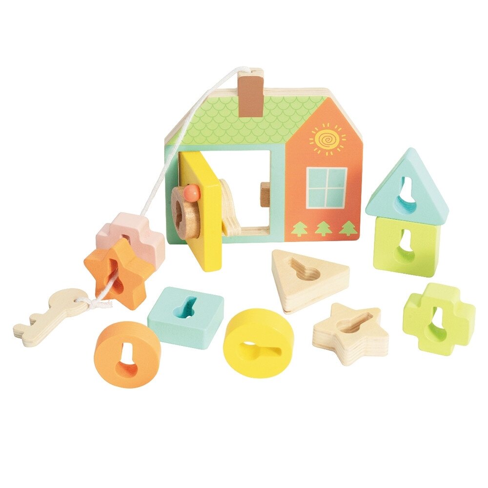 CLASSIC WORLD Medinė pervėrimo dėlionė – suveriami kaladėliai, raktai ir durys MONTESSORI 11 el. 14