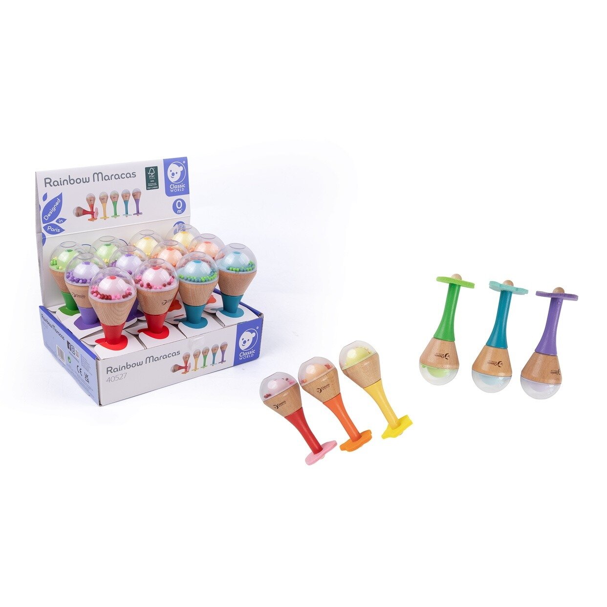 CLASSIC WORLD Barškutis 2in1 Medinis instrumentas Vaivorykštinis marakasas 1 vnt. 8