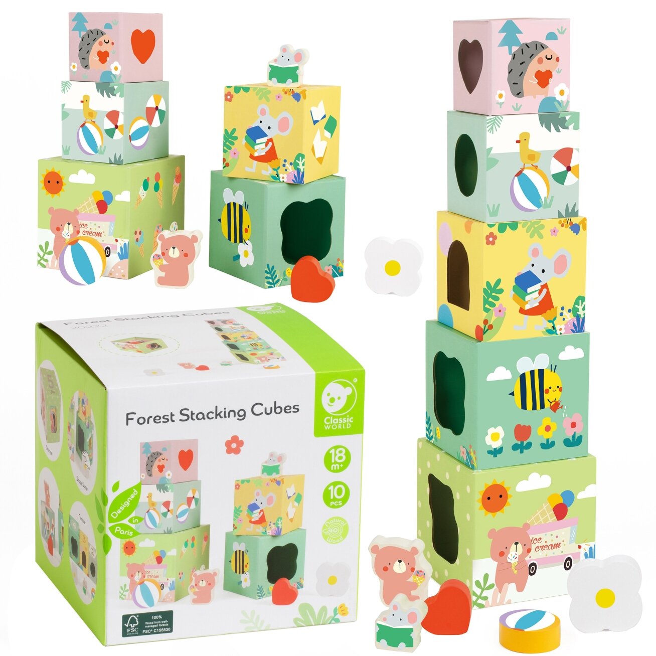 CLASSIC WORLD Dėliojimo kubeliai Box Miško piramidė 10 vnt. FSC