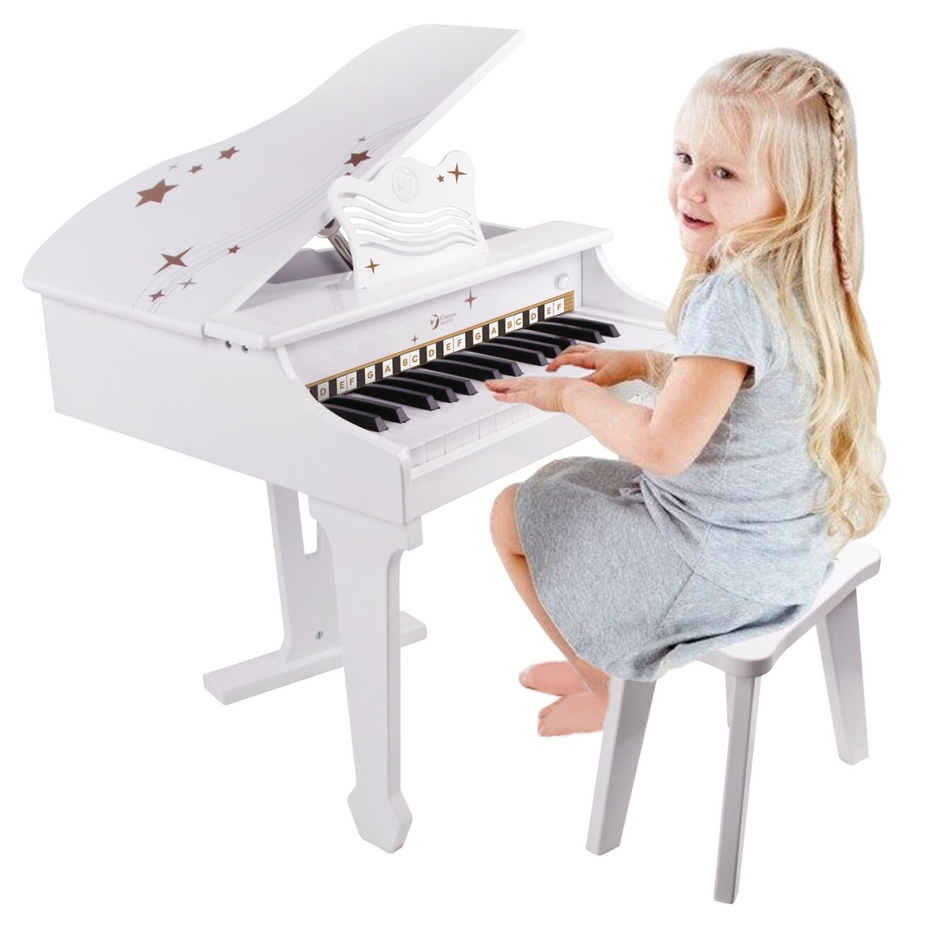 CLASSIC WORLD Didelis vaikiškas pianinas–fortepijonas su kėdute ir mokymosi knygele CLASSIC WORLD Didelis vaikiškas pianinas–fortepijonas su kėdute ir mokymosi knygele
