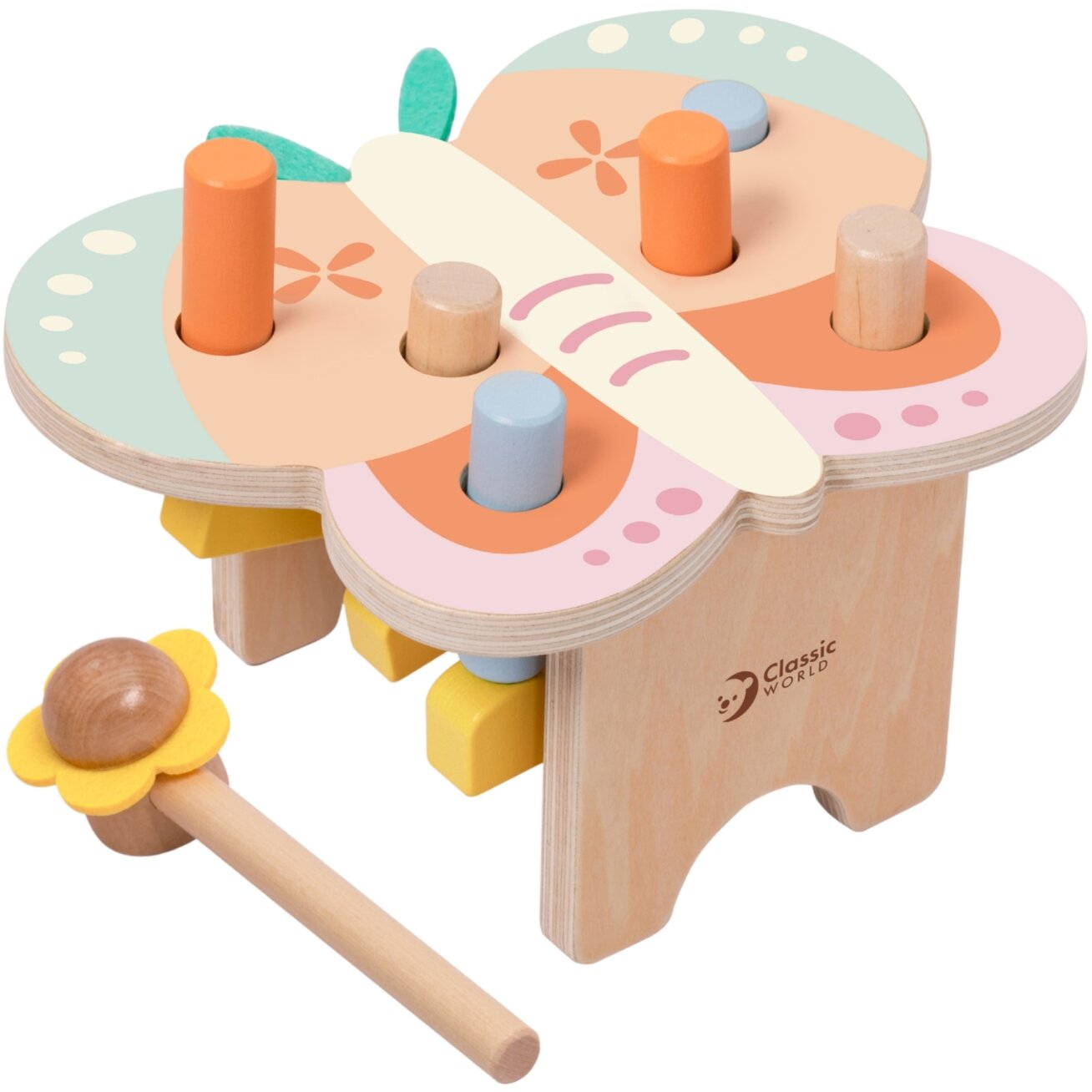 CLASSIC WORLD Montessori pastelinė kalamųjų kaištukų dėlionė Drugelis su plaktuku 8 el.