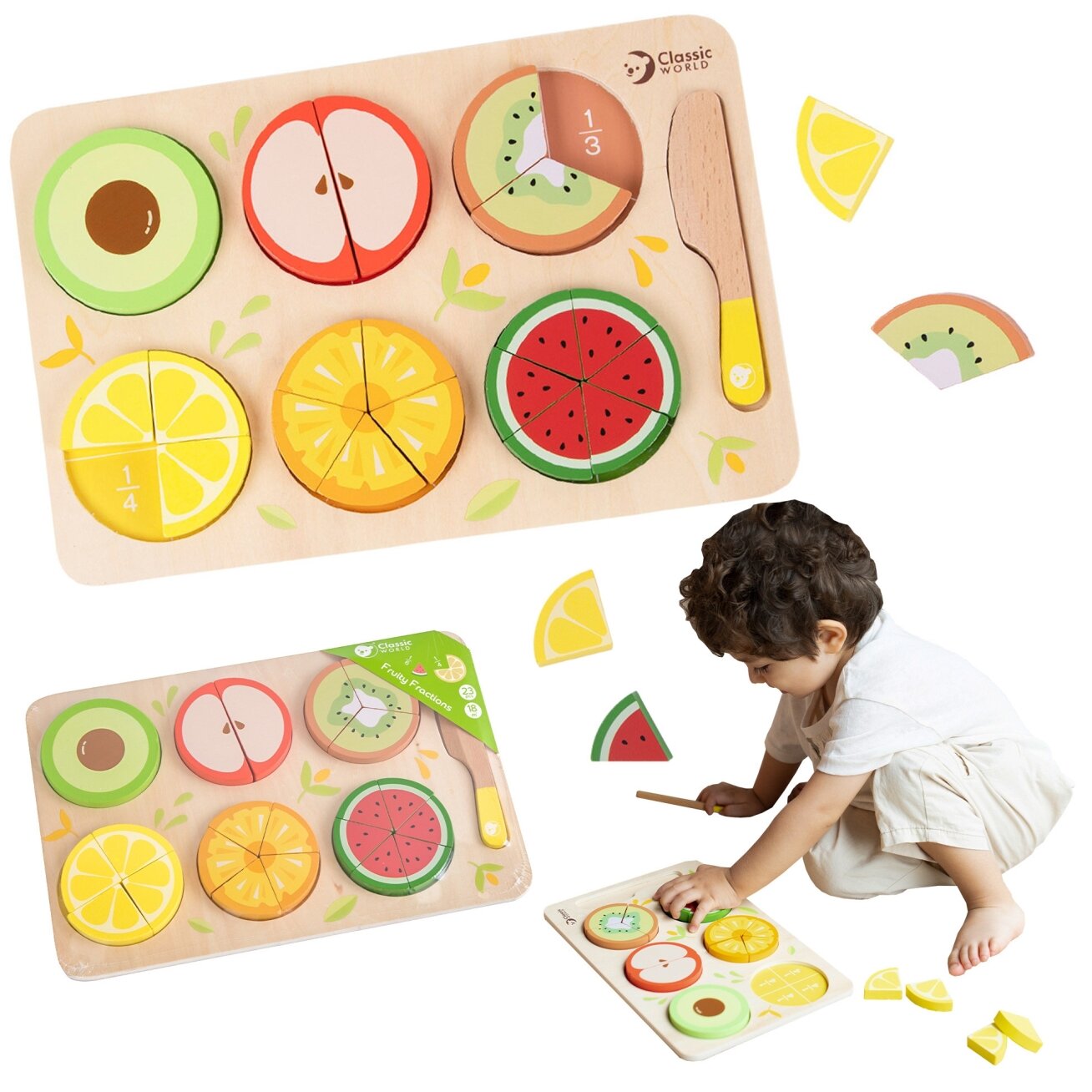CLASSIC WORLD Mediniai vaisiai pjaustymui su lipukais + trupmenų ir dalybos mokymasis MONTESSORI 23 el. CLASSIC WORLD Mediniai vaisiai pjaustymui su lipukais + trupmenų ir dalybos mokymasis MONTESSORI 23 el.