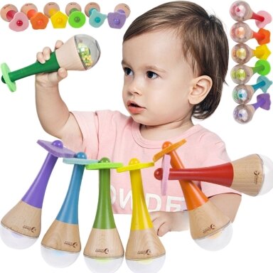 CLASSIC WORLD Barškutis 2in1 Medinis instrumentas Vaivorykštinis marakasas 1 vnt.