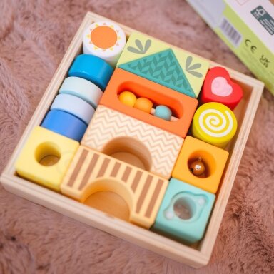 CLASSIC WORLD Sensorinės medinės kaladėlės 7 funkcijos Daugiafunkcis rūšiavimo žaidimas Formos Garsas MONTESSORI 14 el.