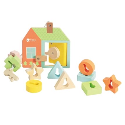 CLASSIC WORLD Medinė pervėrimo dėlionė – suveriami kaladėliai, raktai ir durys MONTESSORI 11 el. 16