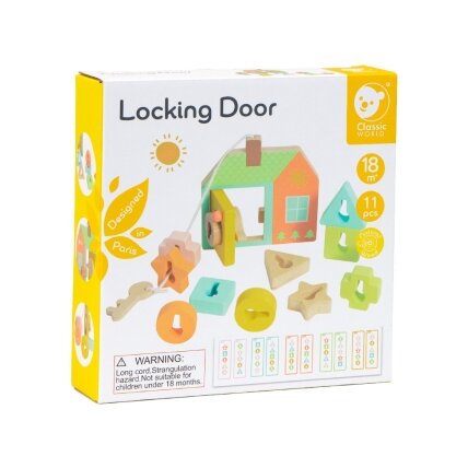 CLASSIC WORLD Medinė pervėrimo dėlionė – suveriami kaladėliai, raktai ir durys MONTESSORI 11 el. 18