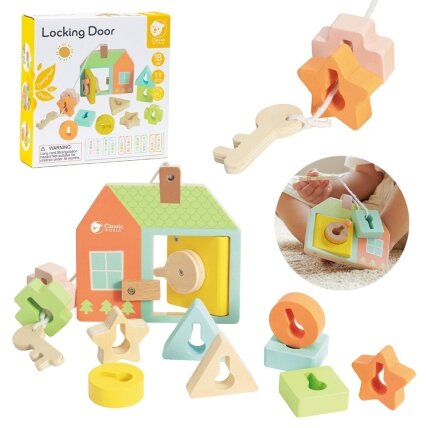 CLASSIC WORLD Medinė pervėrimo dėlionė – suveriami kaladėliai, raktai ir durys MONTESSORI 11 el.