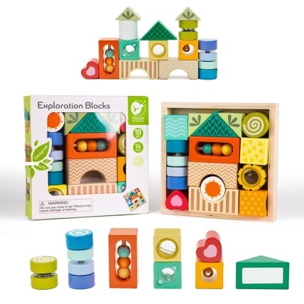 CLASSIC WORLD Sensorinės medinės kaladėlės 7 funkcijos Daugiafunkcis rūšiavimo žaidimas Formos Garsas MONTESSORI 14 el.