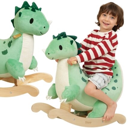 CLASSIC WORLD Minkštas pliušinis-medinis supamasis dinozauras ant bėgių CLASSIC WORLD Minkštas pliušinis-medinis supamasis dinozauras ant bėgių