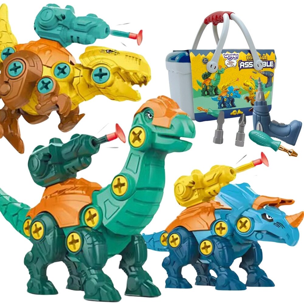 WOOPIE Dinozaurų suveržimo rinkinys 3 vnt. Konstrukcinis rinkinys dėžutėje + gręžtuvas ir atsuktuvas