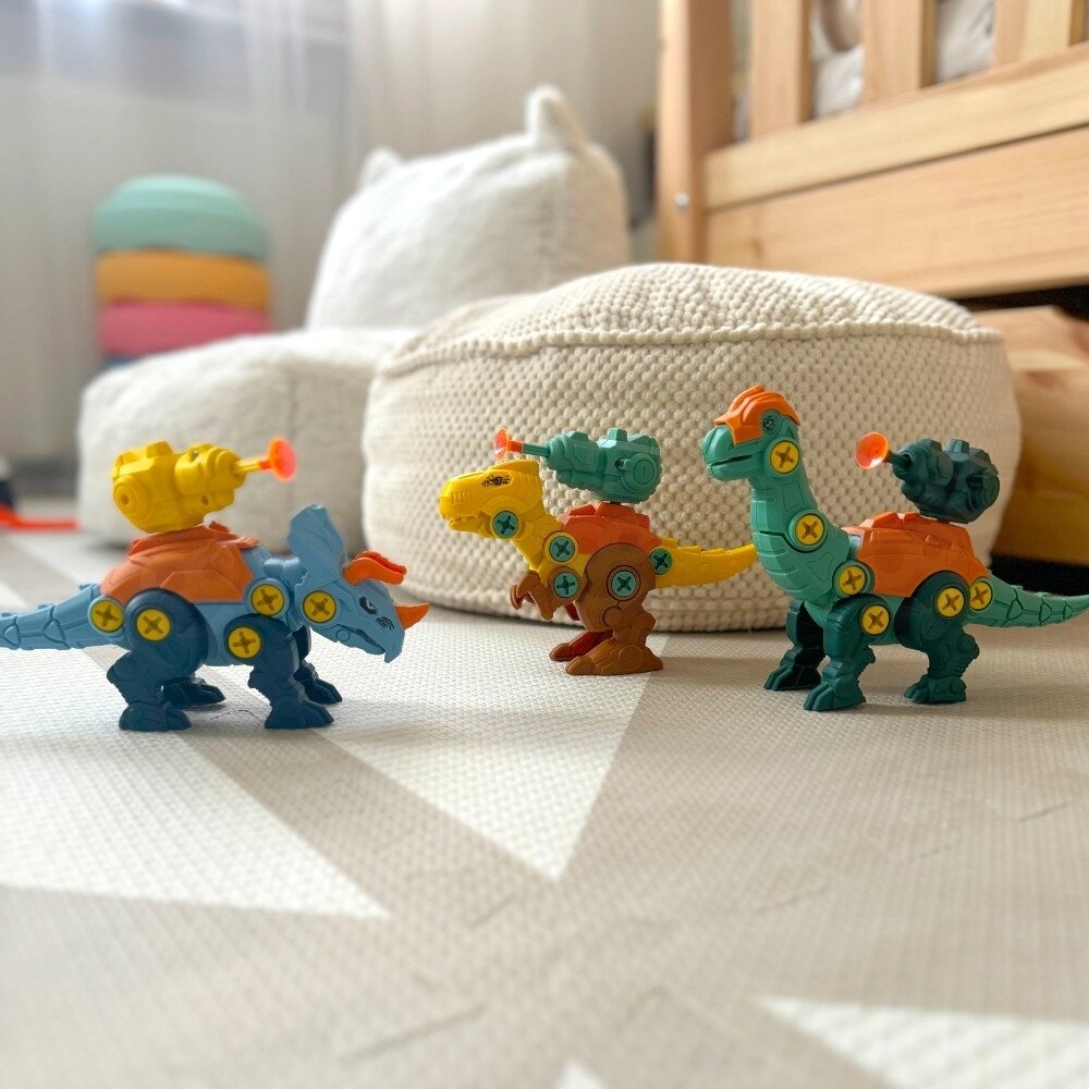 WOOPIE Dinozaurų suveržimo rinkinys 3 vnt. Konstrukcinis rinkinys dėžutėje + gręžtuvas ir atsuktuvas 7