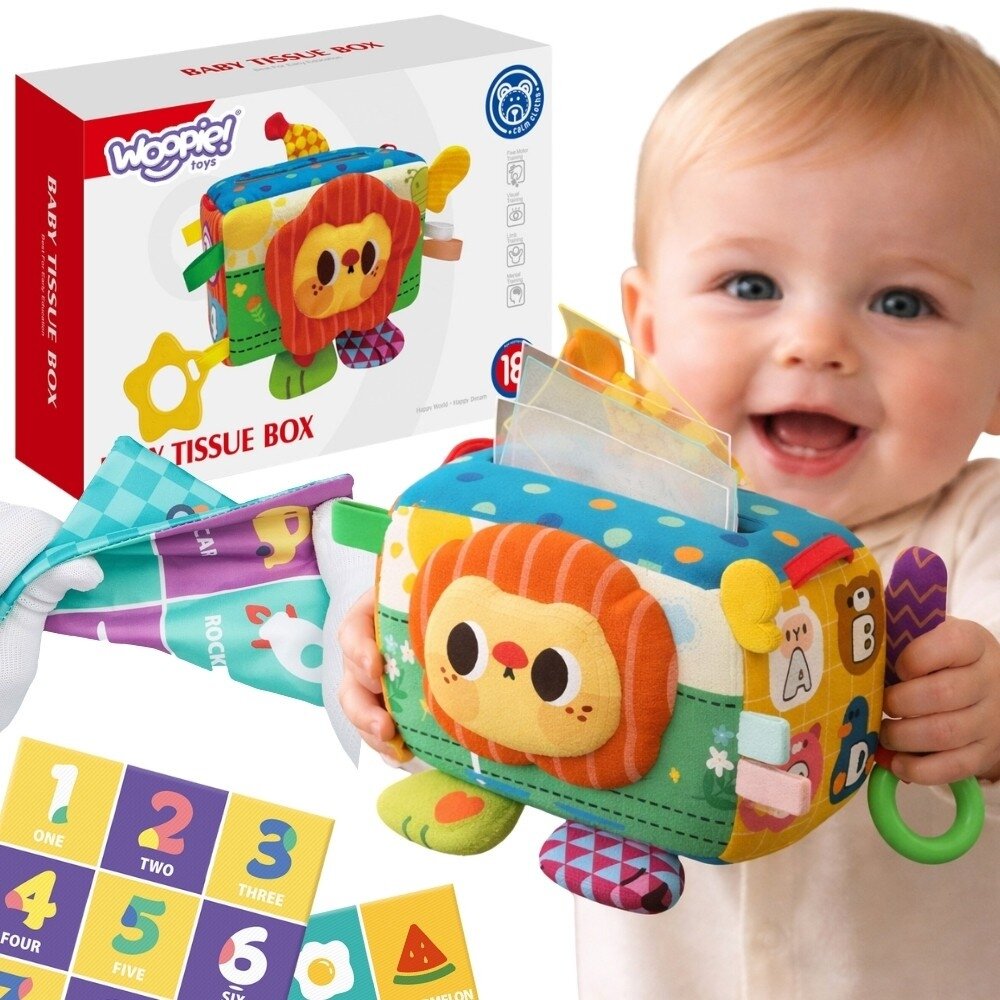WOOPIE BABY edukacinis sensorinis žaislas Ponia Etiketė Servetėlių dėžutė WOOPIE BABY edukacinis sensorinis žaislas Ponia Etiketė Servetėlių dėžutė