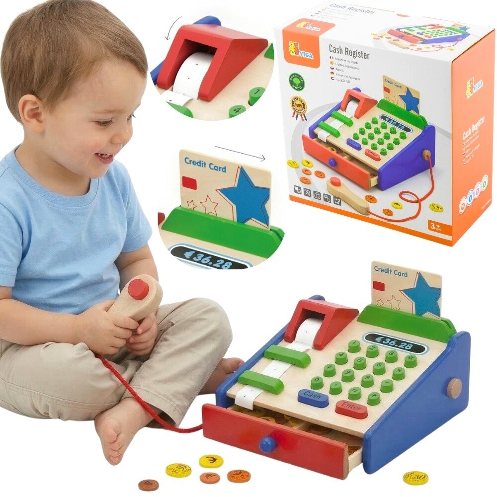 VIGA medinė parduotuvės kasa su priedais – Montessori skeneris
