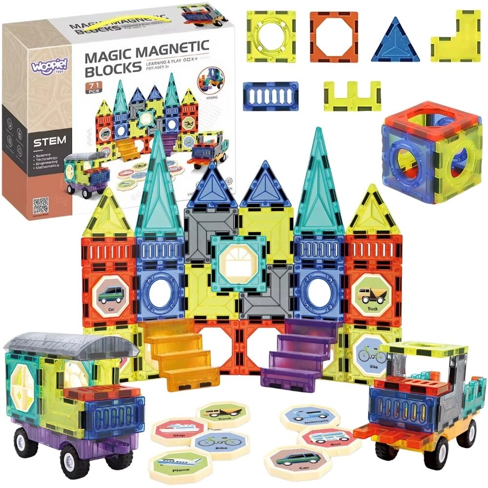 WOOPIE magnetinės 3D kaladėlės Rinkinys Pilis Transporto priemonės 71 vnt. WOOPIE magnetinės 3D kaladėlės Rinkinys Pilis Transporto priemonės 71 vnt.