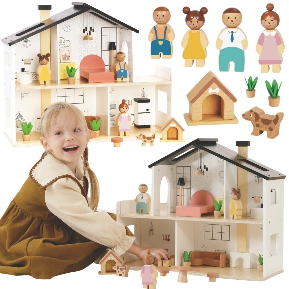 TOOKY TOY Medinis lėlių namelis su priedais ir šeimyna 20 el. TOOKY TOY Medinis lėlių namelis su priedais ir šeimyna 20 el.
