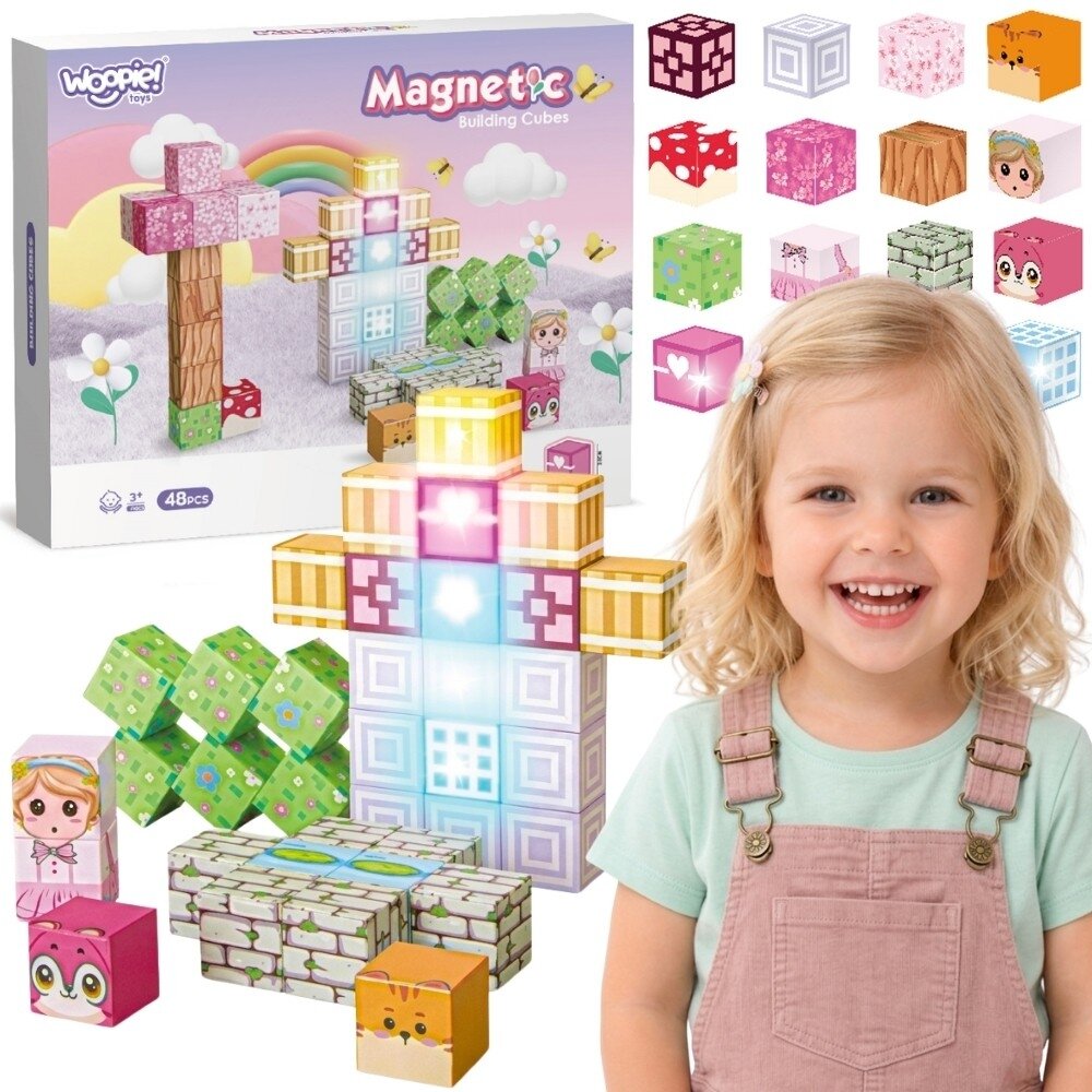 Woopie magnetiniai blokeliai kubeliai 48 vnt. Montessori edukacinė 3D dėlionė