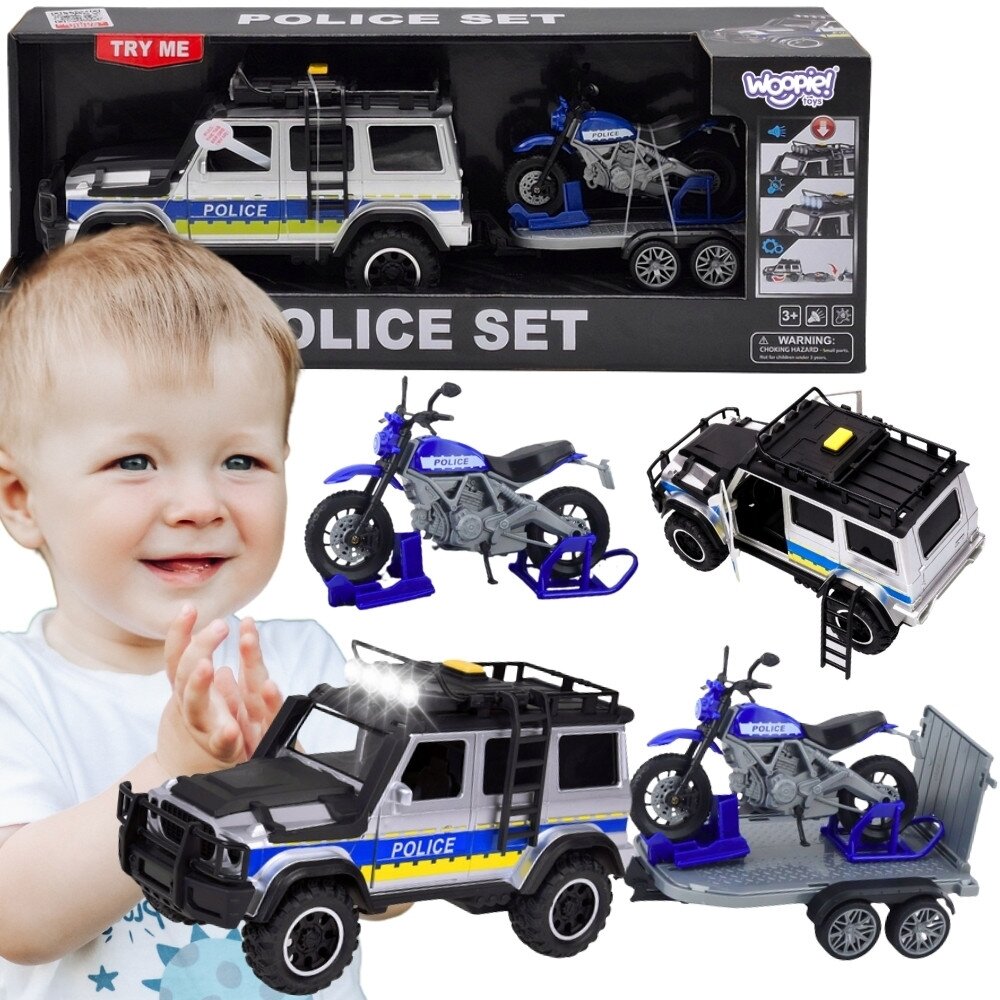 WOOPIE Policijos visureigio rinkinys su priekaba motociklui WOOPIE Policijos visureigio rinkinys su priekaba motociklui