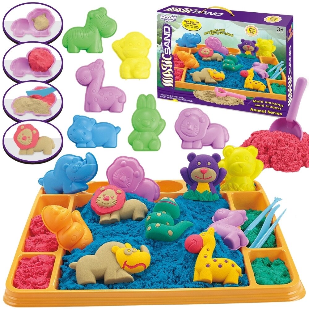WOOPIE Kinetinis smėlis 1,2 kg rinkinys XL ZOO su padėklu ir formelėmis WOOPIE Kinetinis smėlis 1,2 kg rinkinys XL ZOO su padėklu ir formelėmis