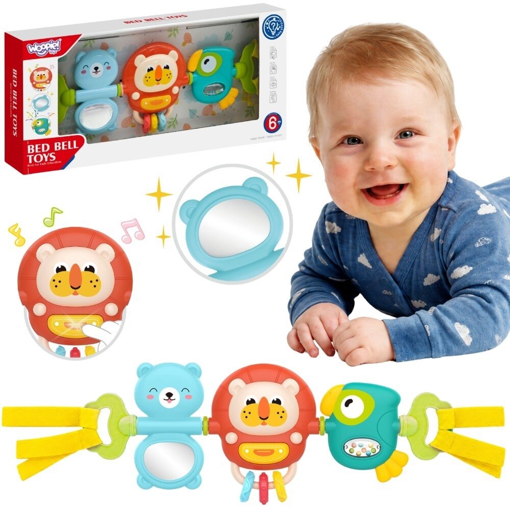 WOOPIE BABY vežimėlio/lovytės pakabinamas sensorinis žaislas grojantis barškutis su veidrodėliu 6m+
