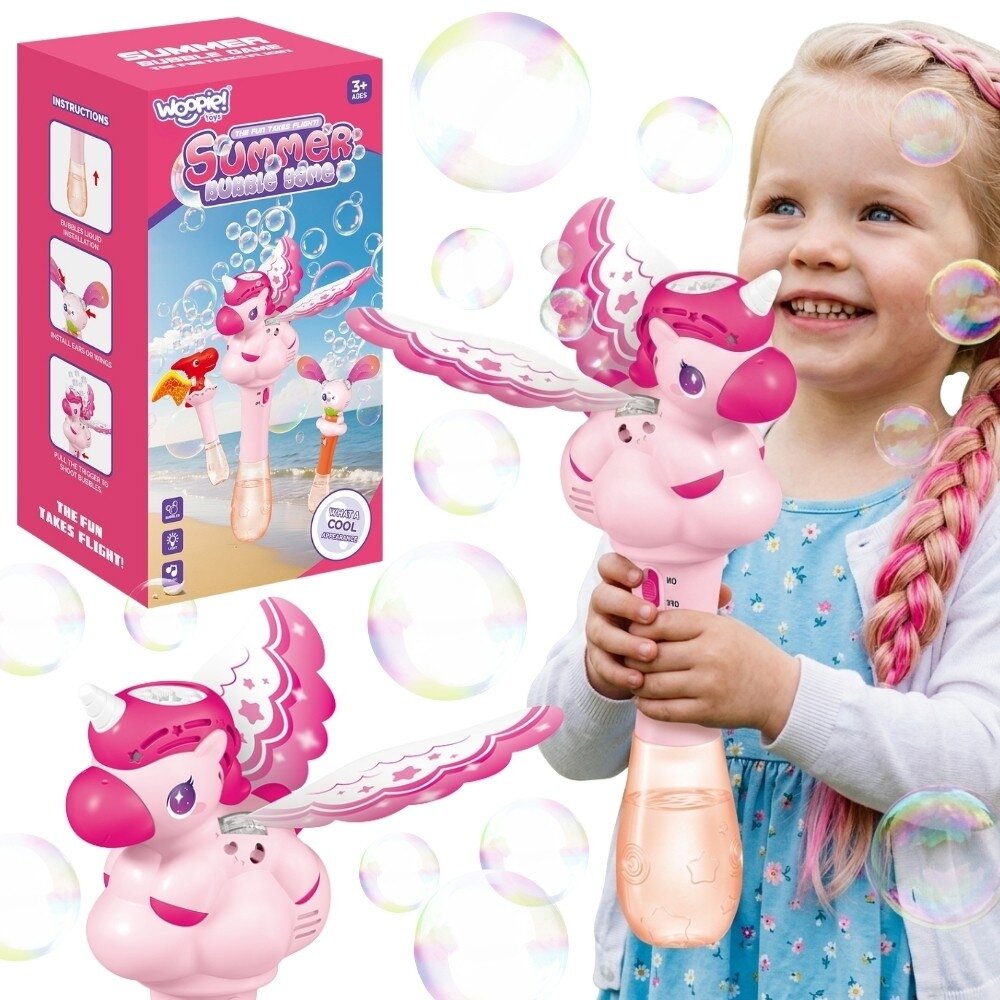 WOOPIE muilo burbulų aparatas Vienaragis Pistoletas Automatinis muilo burbulų šautuvas Rožinis WOOPIE muilo burbulų aparatas Vienaragis Pistoletas Automatinis muilo burbulų šautuvas Rožinis