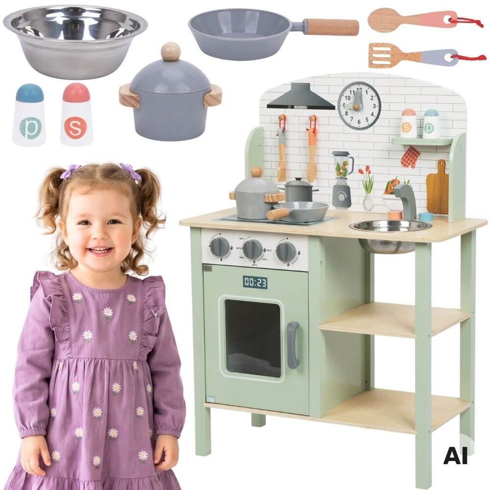 TOOKY TOY Žalia medinė virtuvėlė su priedais TOOKY TOY Žalia medinė virtuvėlė su priedais