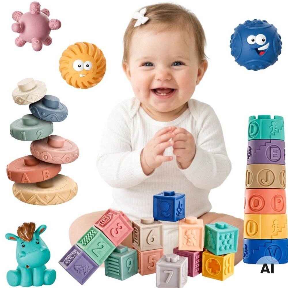 WOOPIE BABY 27 minkštų sensorinių kaladėlių rinkinys WOOPIE BABY 27 minkštų sensorinių kaladėlių rinkinys