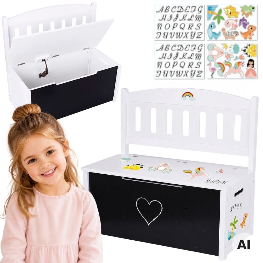 Tooky Toy medinė 3in1 žaislų dėžė, suoliukas su piešimo lenta Tooky Toy medinė 3in1 žaislų dėžė, suoliukas su piešimo lenta