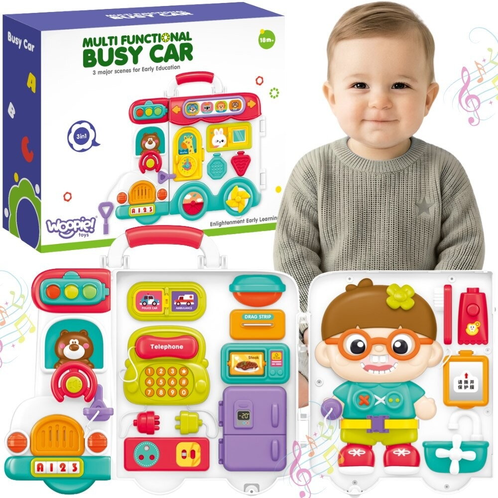 WOOPIE BABY Interaktyvi veiklų lenta berniukui Busy Car 3w1 sensorinis lagaminėlis WOOPIE BABY Interaktyvi veiklų lenta berniukui Busy Car 3w1 sensorinis lagaminėlis