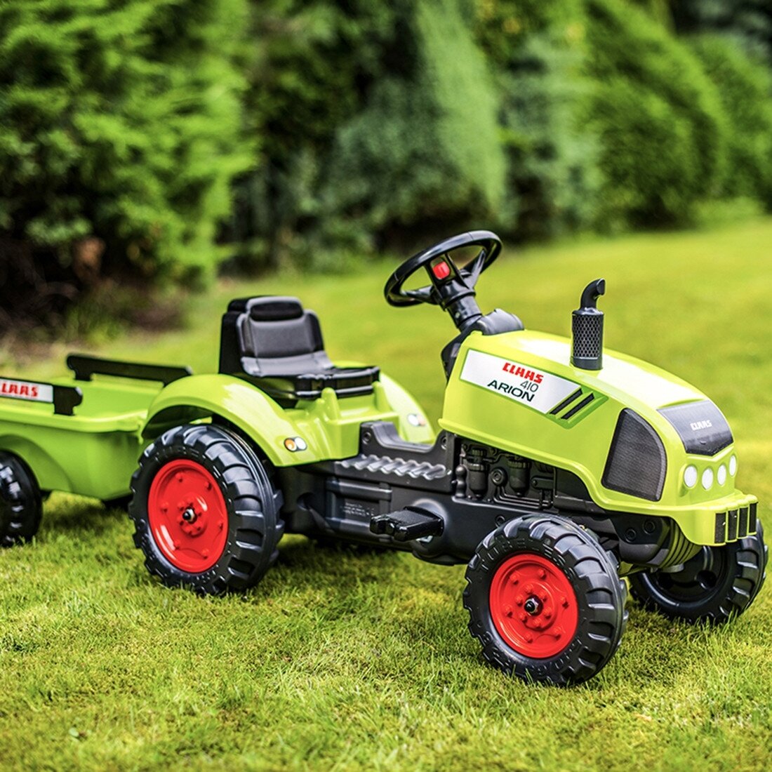 FALK Claas žalias pedalinis traktoriukas su signalu ir priekaba 2–5 m. 3 FALK Claas žalias pedalinis traktoriukas su signalu ir priekaba 2–5 m. 3