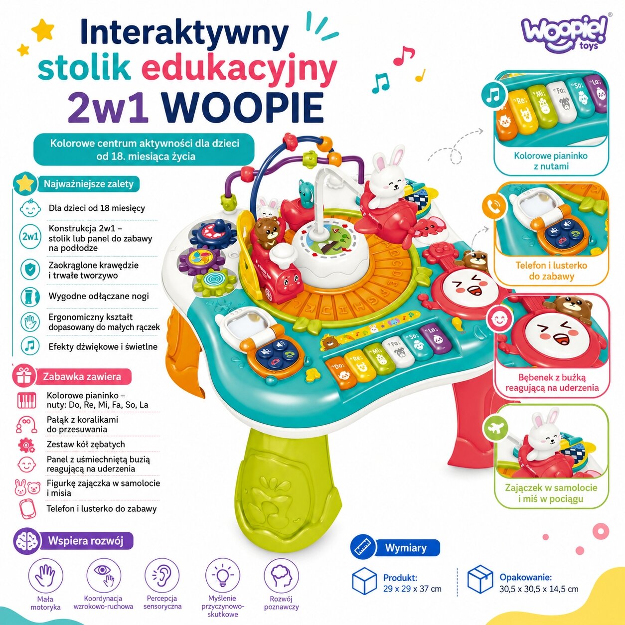 WOOPIE BABY Interaktyvus edukacinis staliukas 2in1 Pianinas Garsai 2