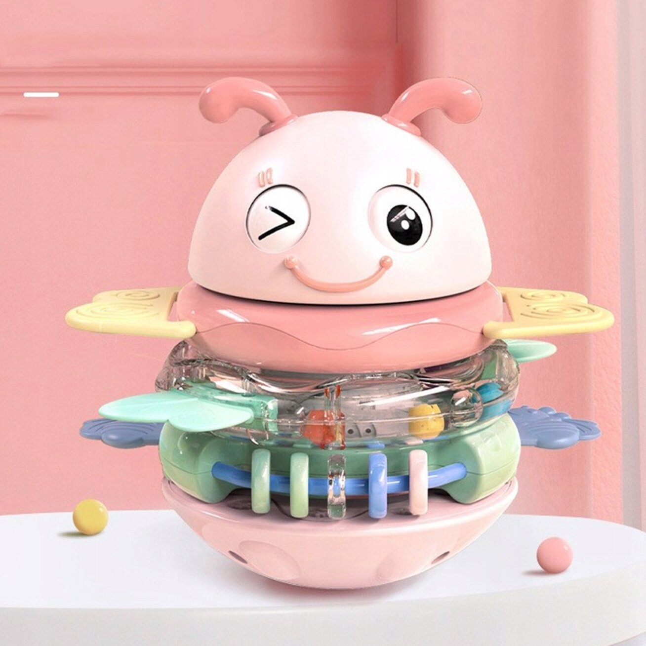 WOOPIE Baby Vanka-stanka sensorinis žaislas 2in1 barškutis kramtukas rožinis 3