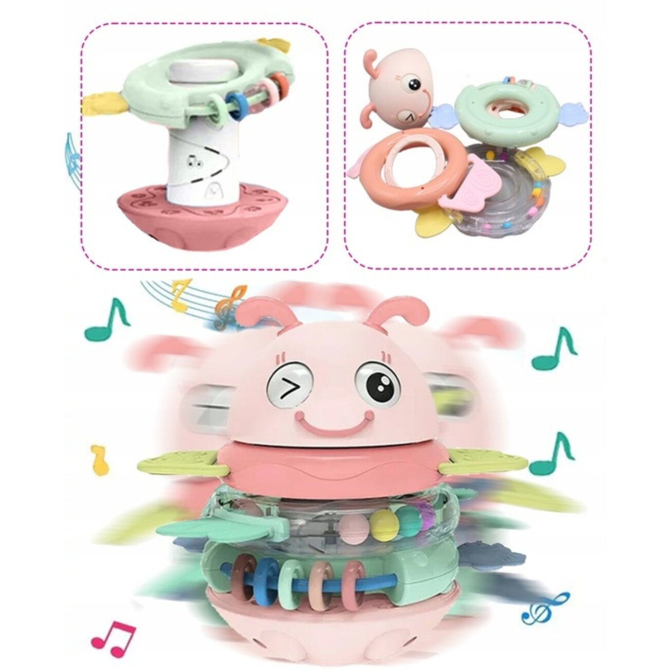 WOOPIE Baby Vanka-stanka sensorinis žaislas 2in1 barškutis kramtukas rožinis 4