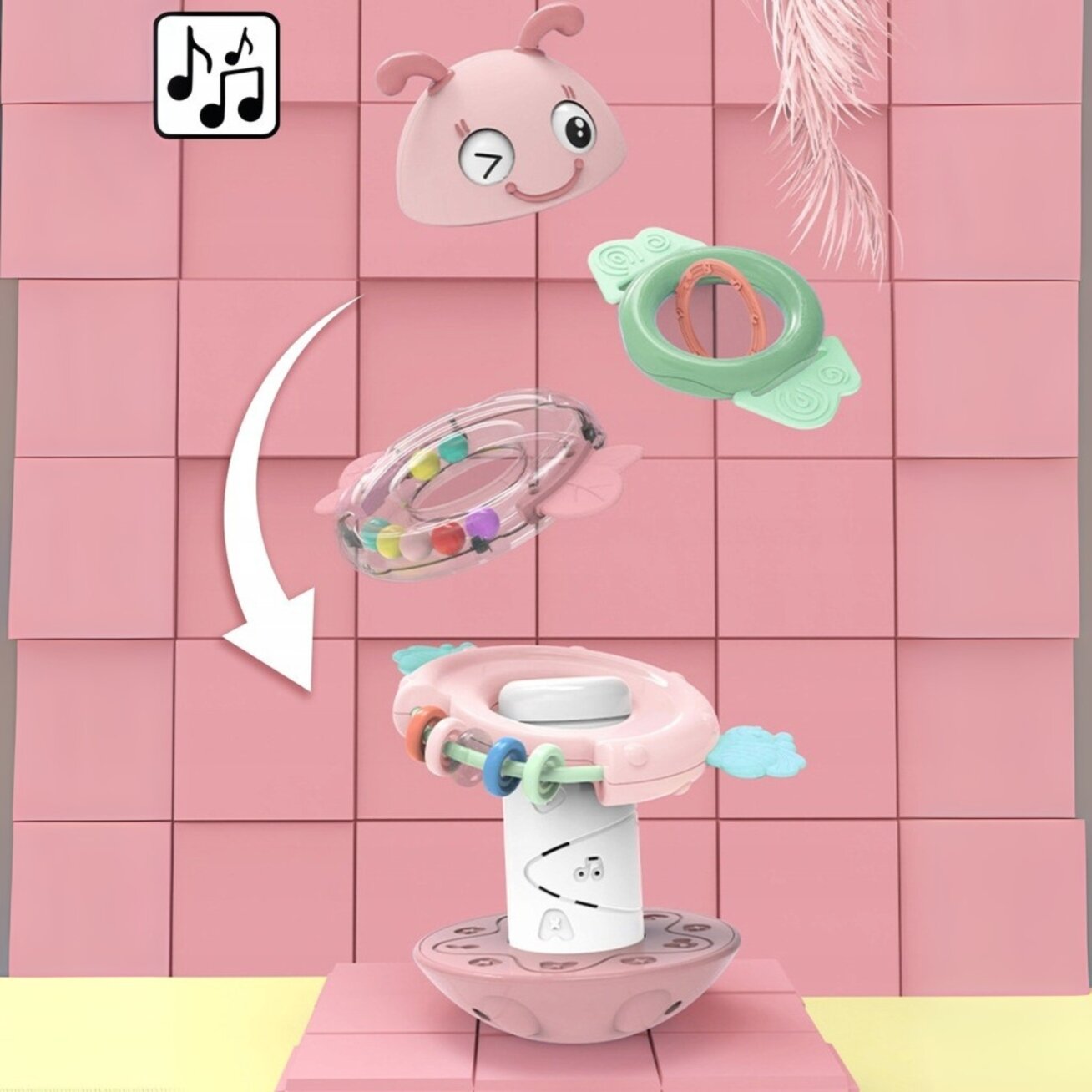 WOOPIE Baby Vanka-stanka sensorinis žaislas 2in1 barškutis kramtukas rožinis 6 WOOPIE Baby Vanka-stanka sensorinis žaislas 2in1 barškutis kramtukas rožinis 6