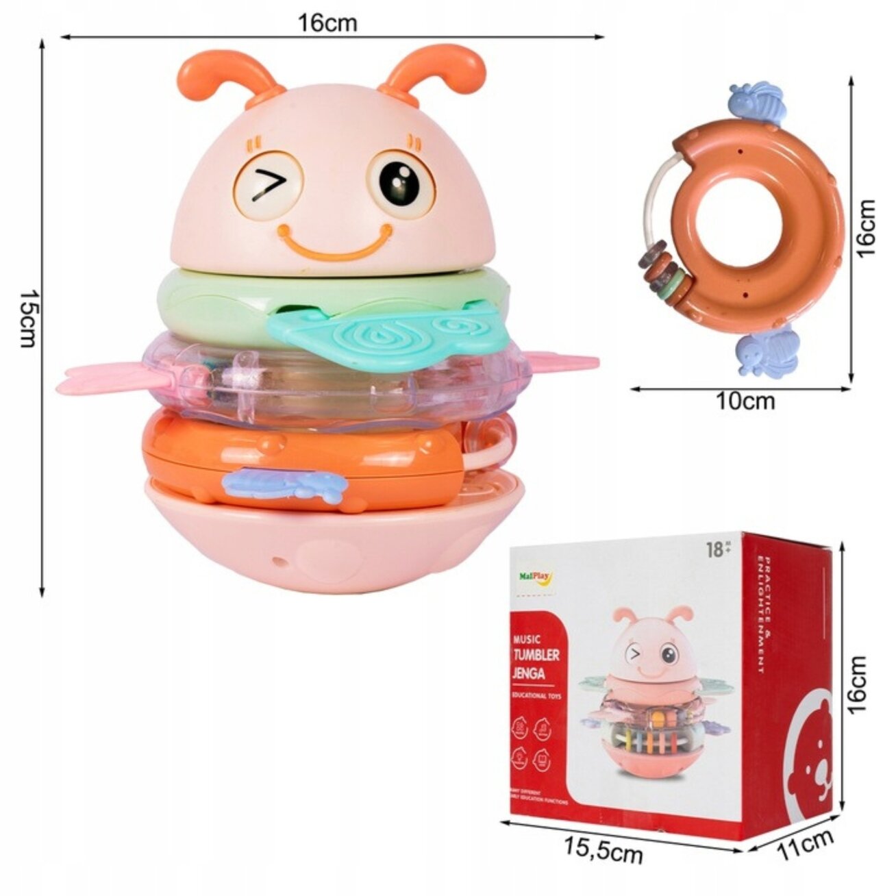 WOOPIE Baby Vanka-stanka sensorinis žaislas 2in1 barškutis kramtukas rožinis 7