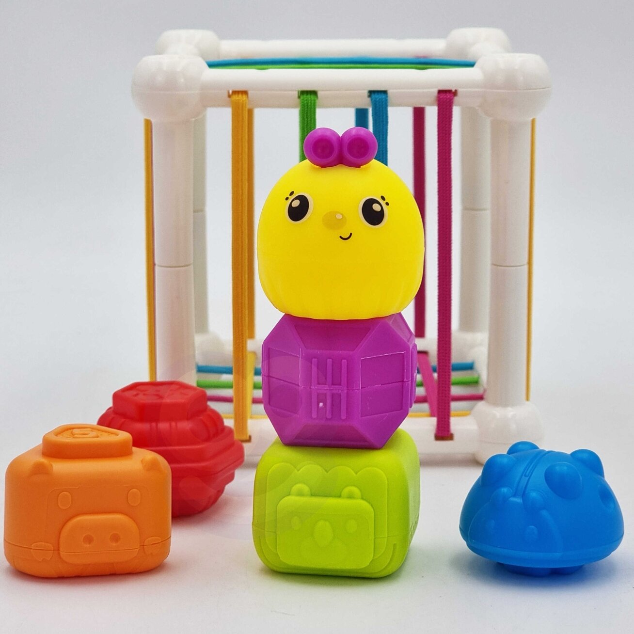 WOOPIE BABY Elastingas sensorinis kubas – rūšiuoklis vaikams Gyvūnėliai + barškutis 7 el. 2