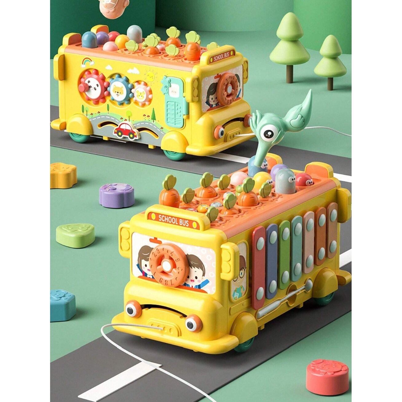 WOOPIE BABY Interaktyvus Montessori edukacinis autobusas 6in1 Plaktukas Ksilofonas +18 mėn. 1