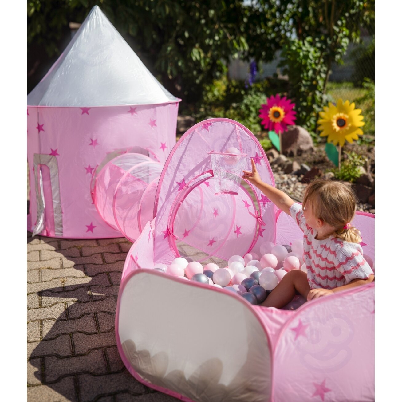 WOOPIE 3in1 palapinė Princesės rūmai XXL Namelis Tunelis Sausas baseinas 3 WOOPIE 3in1 palapinė Princesės rūmai XXL Namelis Tunelis Sausas baseinas 3