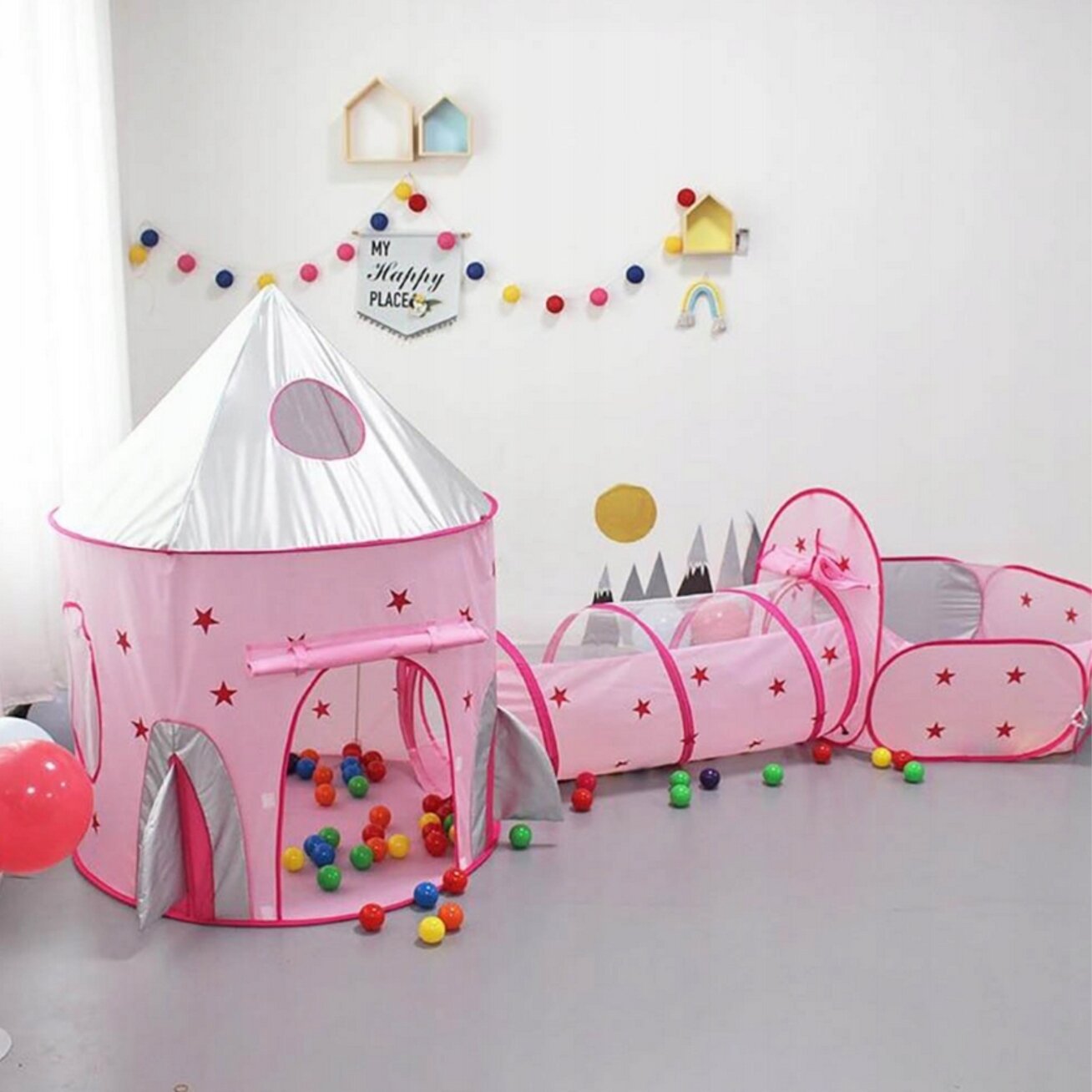 WOOPIE 3in1 palapinė Princesės rūmai XXL Namelis Tunelis Sausas baseinas 6 WOOPIE 3in1 palapinė Princesės rūmai XXL Namelis Tunelis Sausas baseinas 6