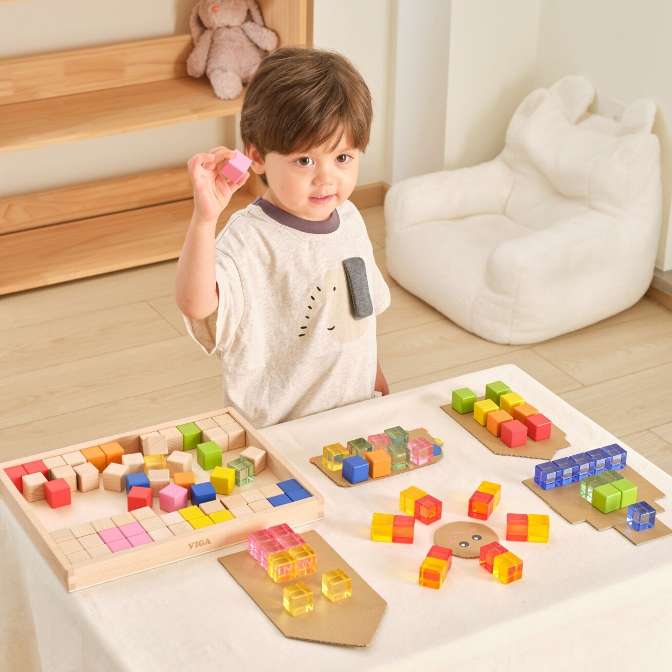 VIGA sensorinės kaladėlės medinės spalvotos permatomos Montessori 108 EL 2
