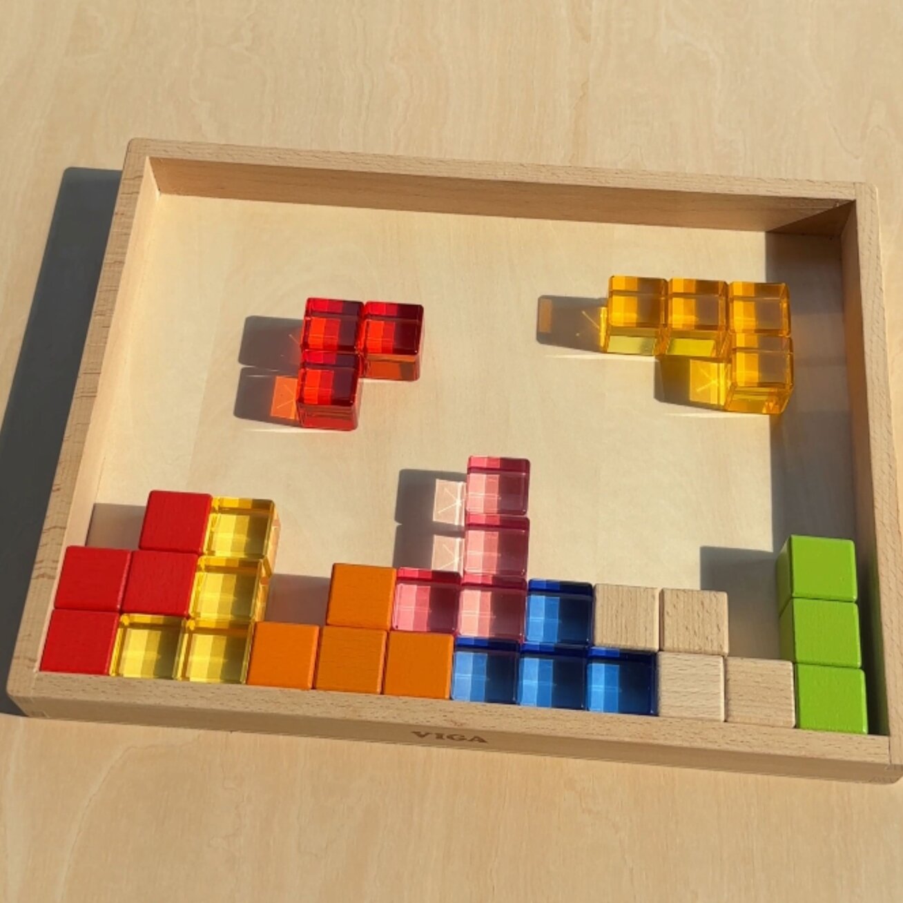 VIGA sensorinės kaladėlės medinės spalvotos permatomos Montessori 108 EL 7