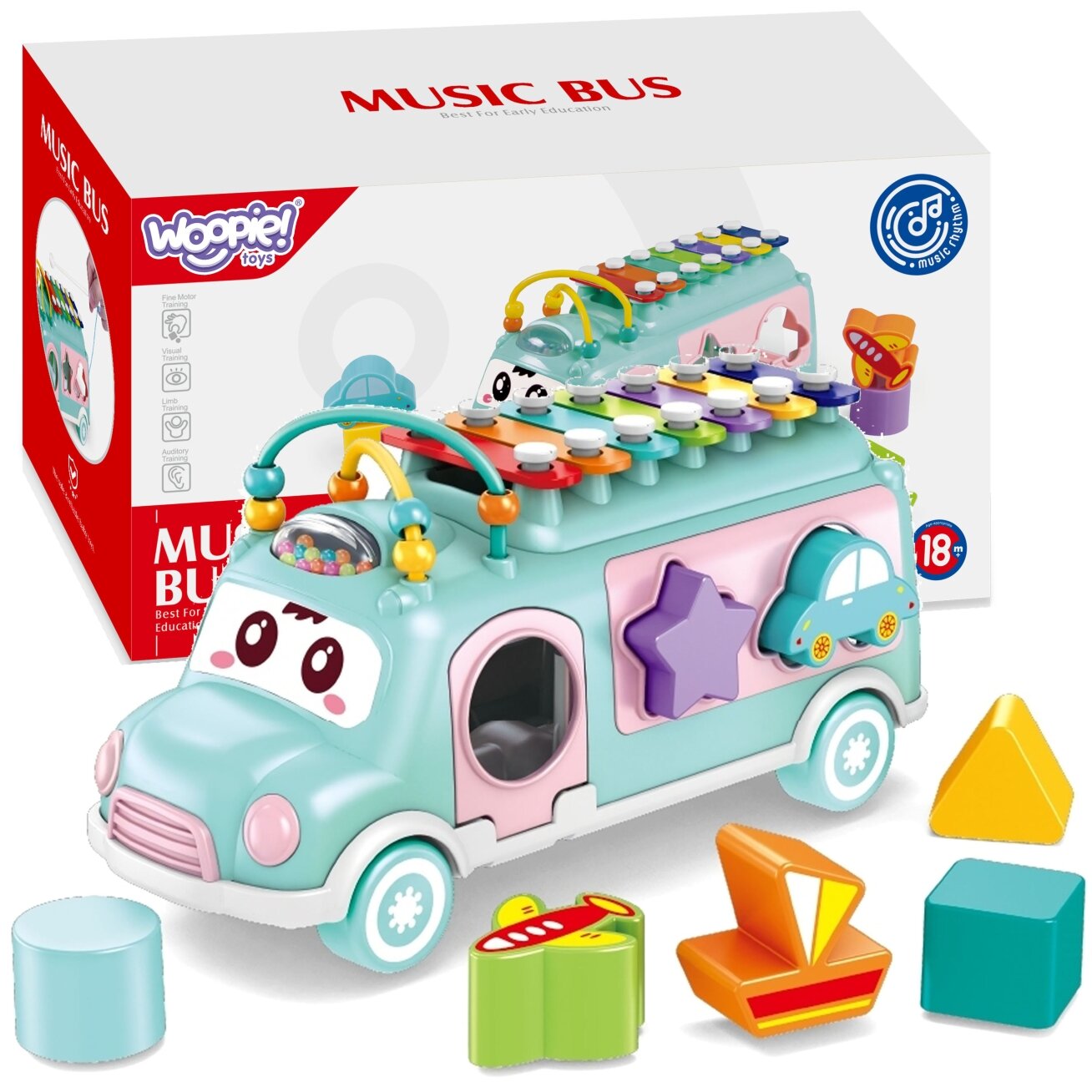 WOOPIE BABY Muzikinis automobiliukas-rūšiuoklis su ksilofonu, žalias WOOPIE BABY Muzikinis automobiliukas-rūšiuoklis su ksilofonu, žalias