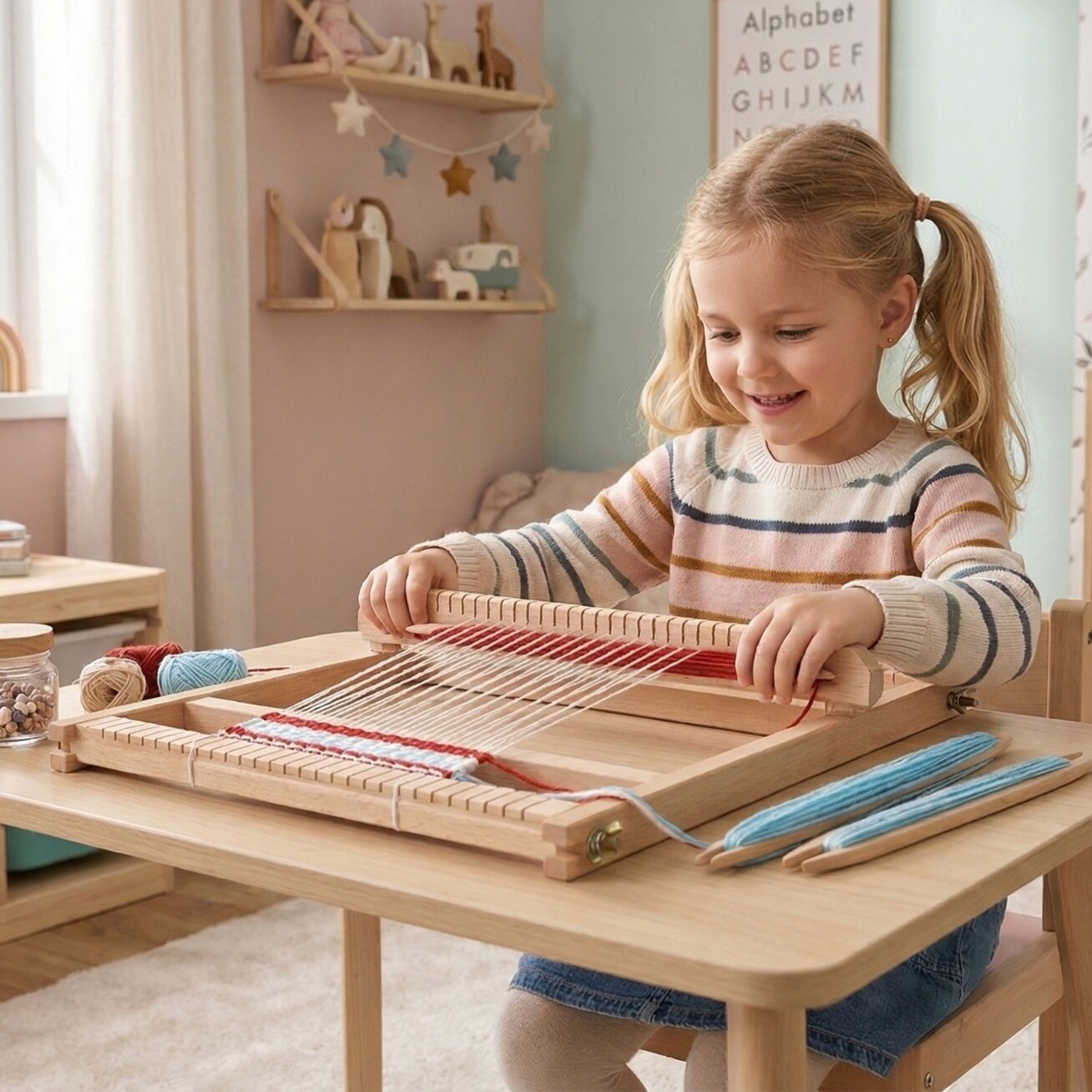 VIGA medinės staklės – audimo dirbtuvės, Montessori audimo rinkinys 3