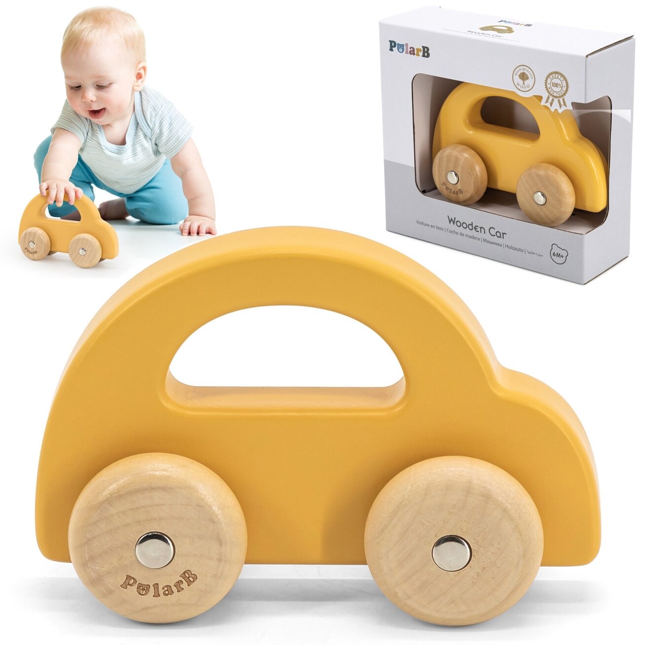 VIGA PolarB medinis stumiamas automobiliukas geltonas VIGA PolarB medinis stumiamas automobiliukas geltonas