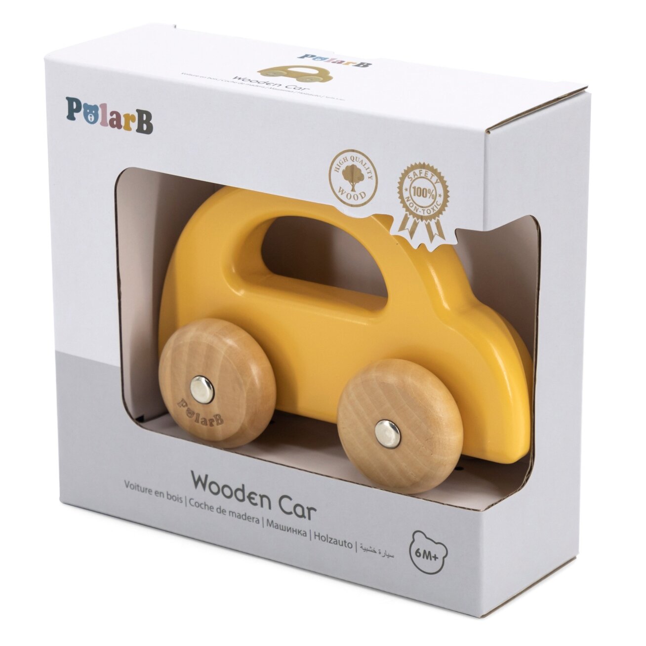 VIGA PolarB medinis stumiamas automobiliukas geltonas 3 VIGA PolarB medinis stumiamas automobiliukas geltonas 3