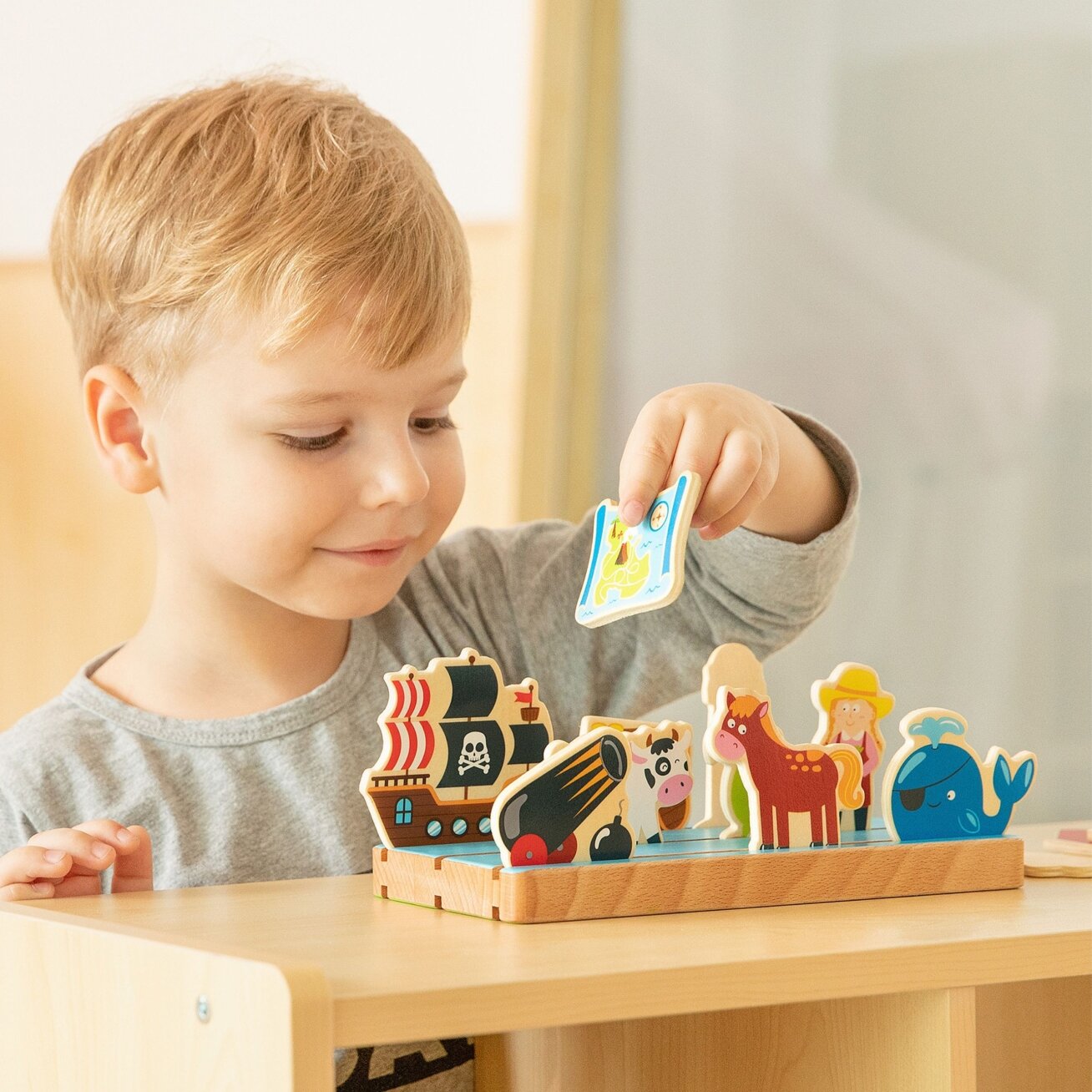 Viga medinė dėlionė Atstumo mokymasis 2in1 Ūkis ir Jūra 1