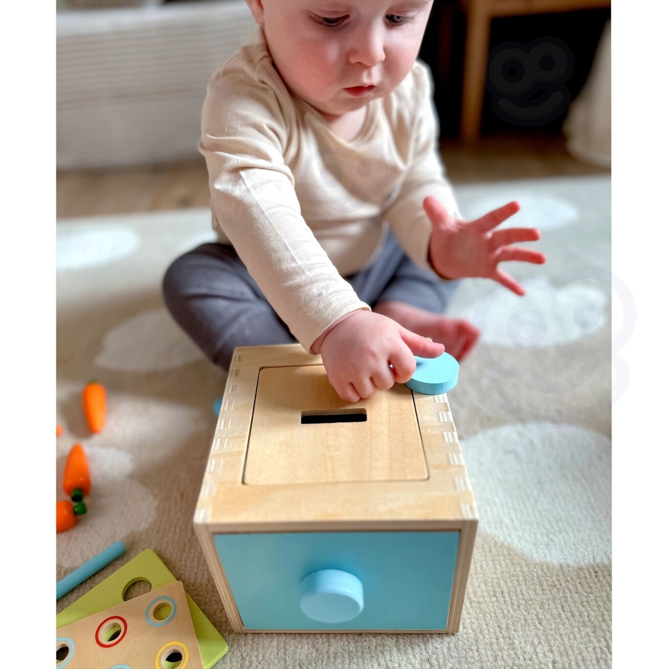 WOOPIE GREEN Medinis edukacinis stalčiukas 4in1 Montessori rūšiuoklis Žaidimas su morkomis FSC 4