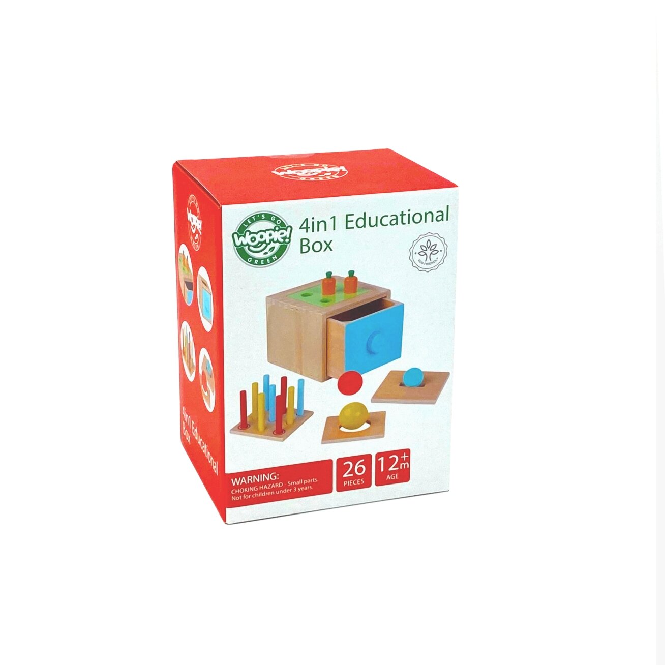 WOOPIE GREEN Medinis edukacinis stalčiukas 4in1 Montessori rūšiuoklis Žaidimas su morkomis FSC 12 WOOPIE GREEN Medinis edukacinis stalčiukas 4in1 Montessori rūšiuoklis Žaidimas su morkomis FSC 12